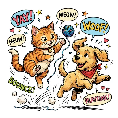 Adorable Kitten and Puppy Playful Comic Design
