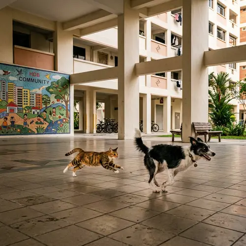 Cat Chasing Dog at HDB Void Deck - A Playful Scene