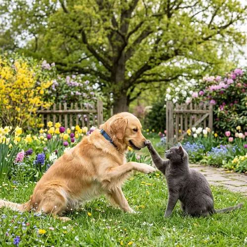 Heartwarming Dog and Cat Playful Interaction in Lush Garden