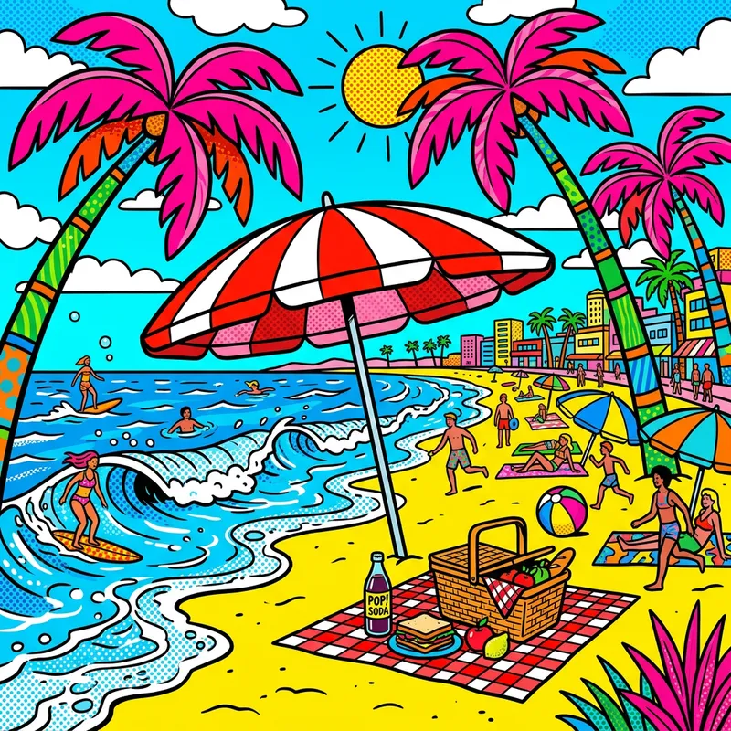 Pop Art Beach Scene with Whimsical Palm Trees