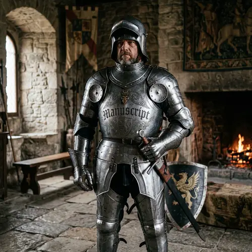 Masculine Medieval Silver Armor with Manuscript Engraving