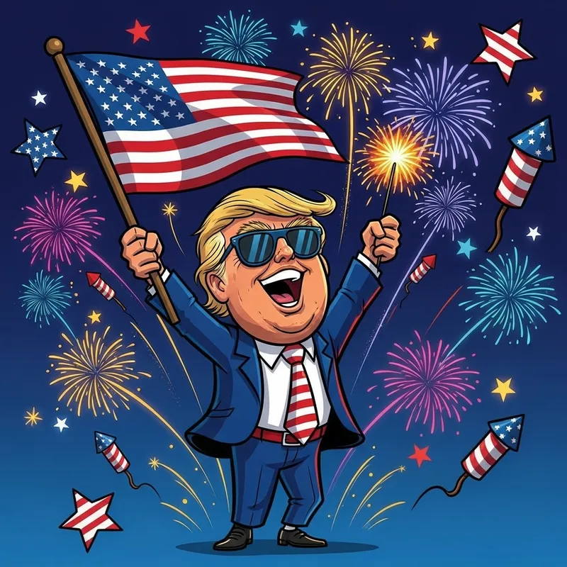 Cartoon Donald Trump Celebrating 4th of July