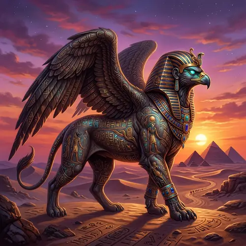 Ancient Egyptian Mythical Creature: Deity-Inspired Entity in Desert Landscape