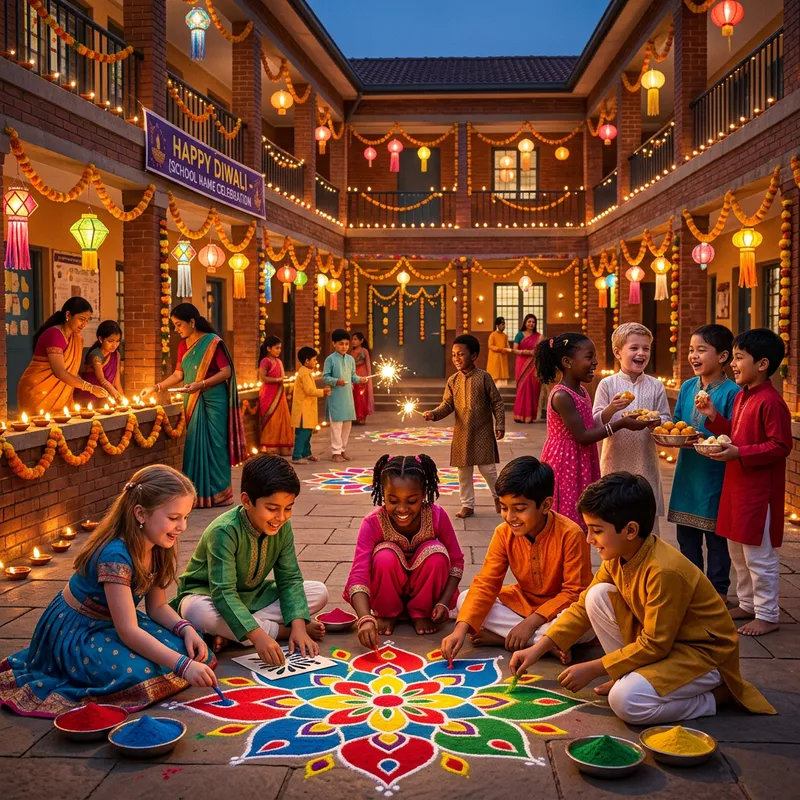 Diwali Celebration in School with Children Drawing Rangoli