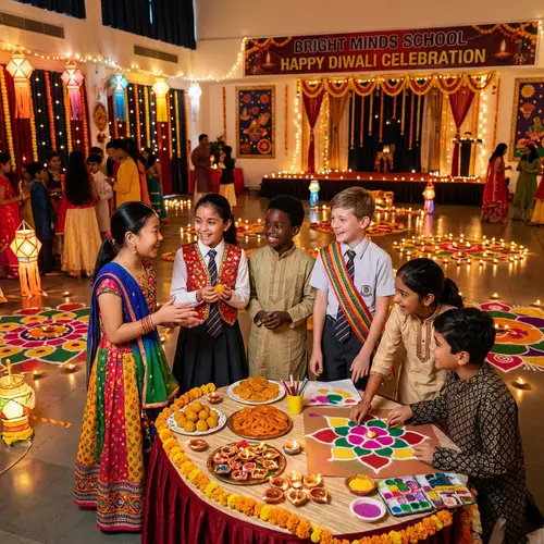 Multicultural School Diwali Celebration with Diyas, Rangoli & Lanterns