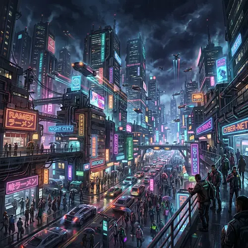 Neon-Lit Futuristic Cyberpunk Cityscape at Night