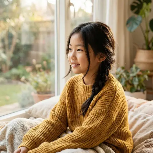 Adorable Asian Girl with Cozy Sweater and Long Hair
