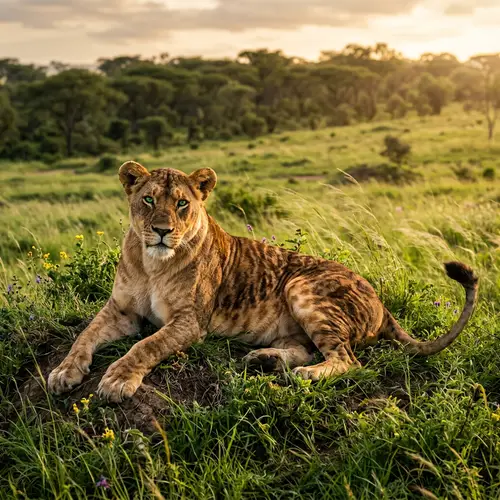 Majestic Large Feline in Verdant Field | Golden Fur & Green Eyes