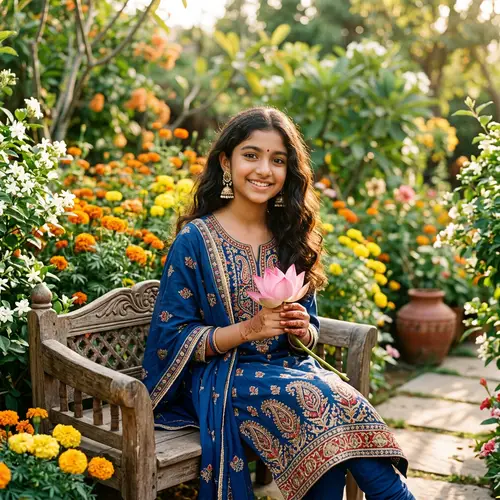 Young Indian Girl in Traditional Outfit Holding Lotus Flower