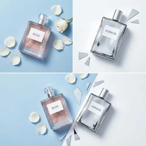 Elegant Perfume Visual Content: Rose & Mirror in Blue-White