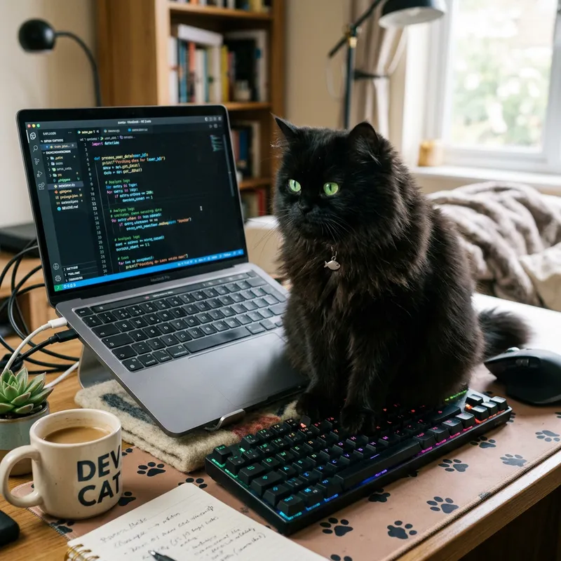 Sleek Black Persian Cat with Green Eyes Typing Code