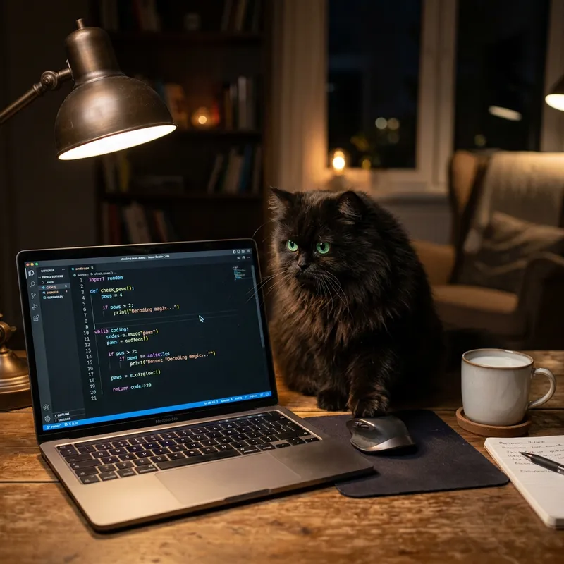 Curious Black Persian Cat Exploring Python Coding | Website Name