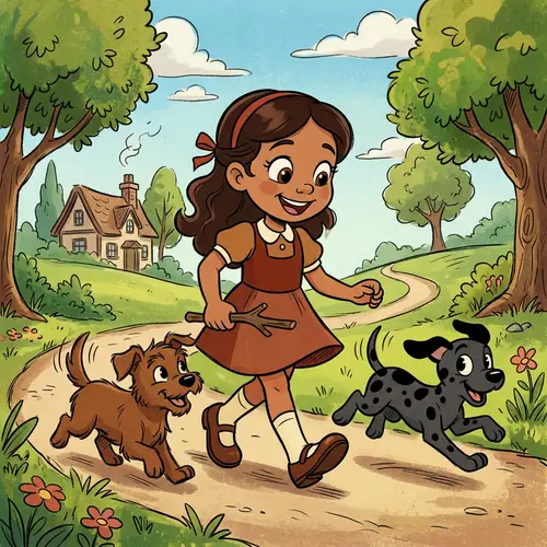 Vintage Style Animated Cartoon of Young Girl with Two Dogs