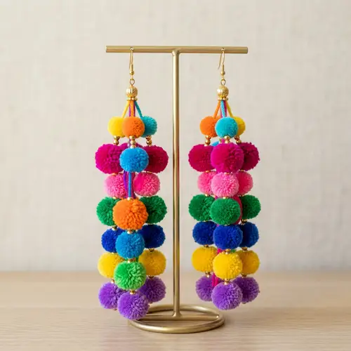 Vibrant Long Pom-Pom Earrings for a Stylish Look