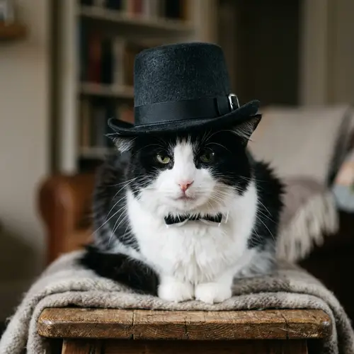 Elegant Black and White Cat in Gentleman's Top Hat