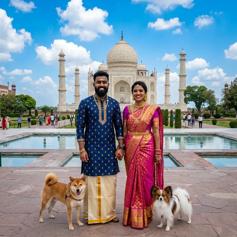 South Indian Boy & Girl in Traditional Attire at Taj Mahal with Dogs
