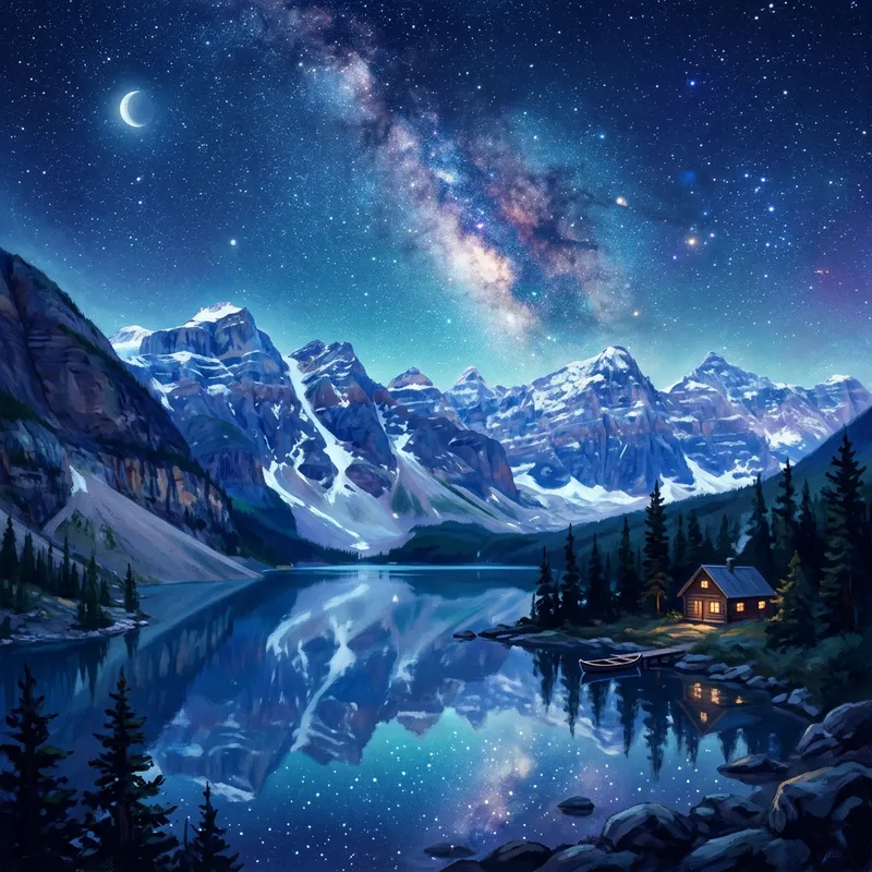 Tranquil Mountain Landscape Under Starry Sky