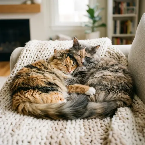 Adorable Long-Haired Cats Snuggling Together