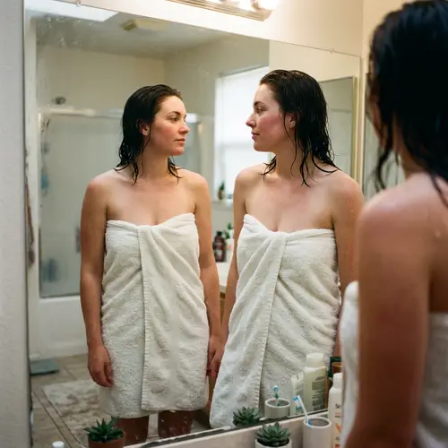 Woman in Fluffy Towel Admiring Reflection | Bathroom Scene