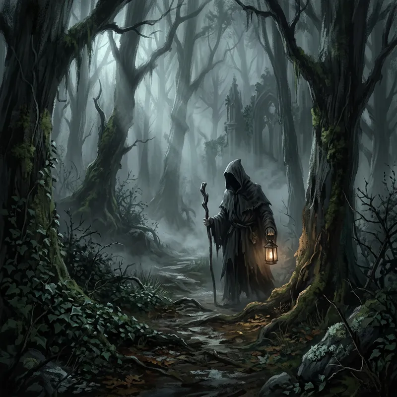Mysterious Figure in a Foggy Forest - Gothic Fantasy Art