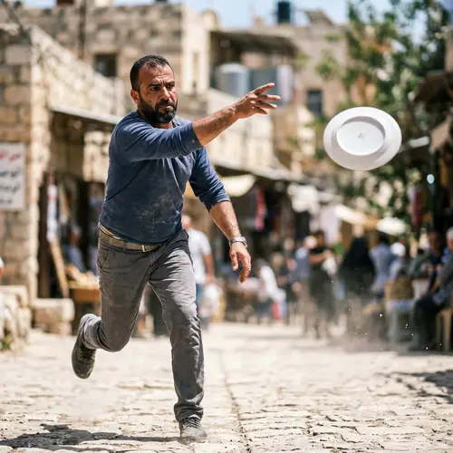 Middle-Eastern Man Throws Ceramic Plate in Motion