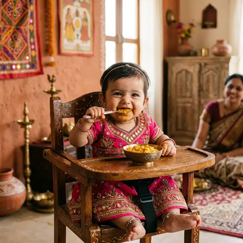 Marwadi Baby Eating in Vibrant Pink Dress