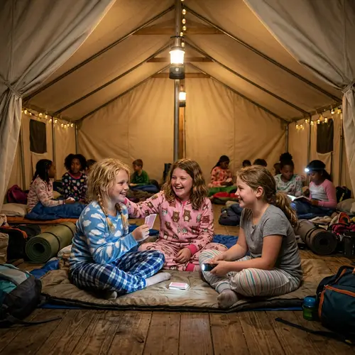 Chubby Caucasian Girls at Night Kids Camp | Camp Fun Activities