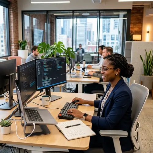 Focused Black Female Professional in Modern Office