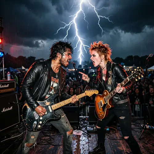 Rock Musicians Rivalry: Intense Exchange with Lightning Strike