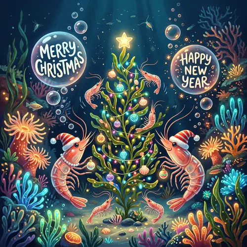 Underwater Christmas & New Year Greeting Card | Festive Shrimp Family Celebration
