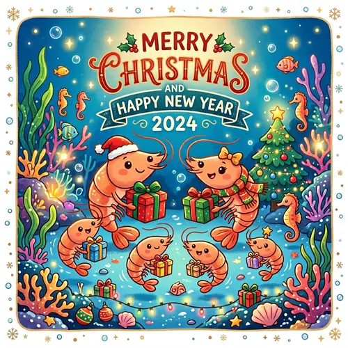Merry Christmas & Happy New Year 2024 Card with Adorable Shrimp Family