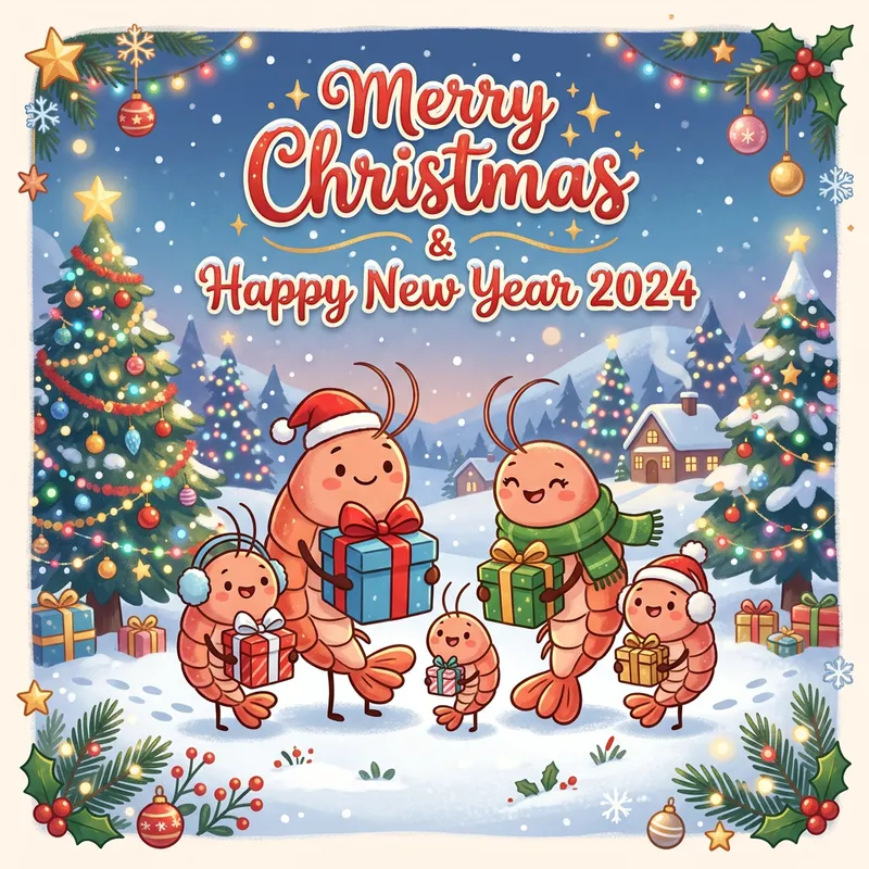 Merry Christmas & Happy New Year 2024 Shrimp Family Greeting Card Merry Christmas & Happy New Year 2024 Shrimp Family Greeting Card