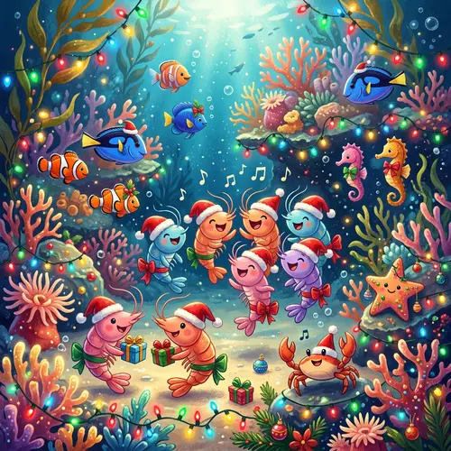 Underwater Christmas Celebration with Colorful Baby Shrimps