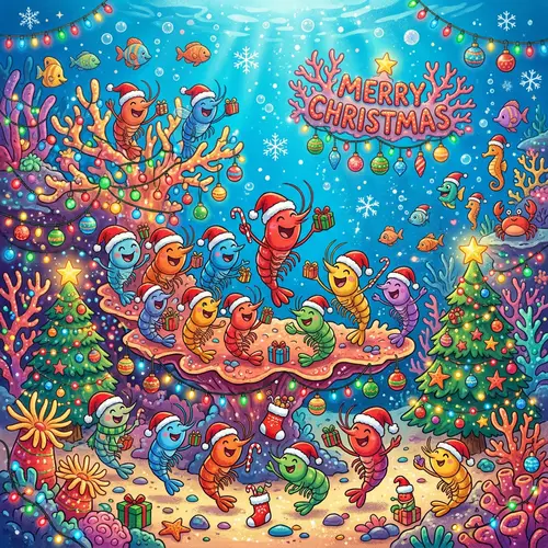 Colorful Baby Shrimp Celebrate Undersea Christmas
