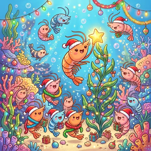 Kawaii Baby Shrimp Celebrate Christmas Underwater