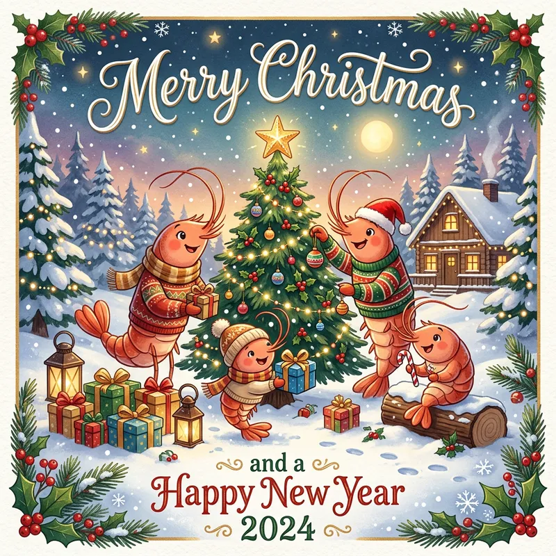 Cute Shrimp Family Celebration on Merry Christmas & Happy New Year 2024 Card