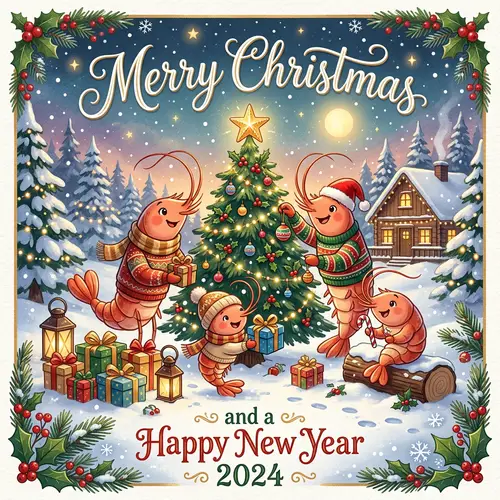 Merry Christmas & Happy New Year 2024 Greeting Card with Cute Shrimp Family