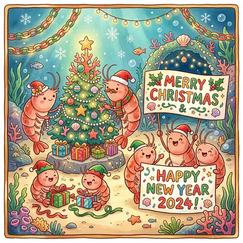 Charming Christmas & New Year 2024 Greeting Card with Anthropomorphic Shrimp Family