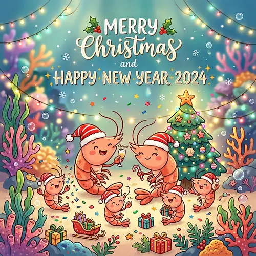 Merry Christmas & Happy New Year 2024 Card with Festive Shrimp Family