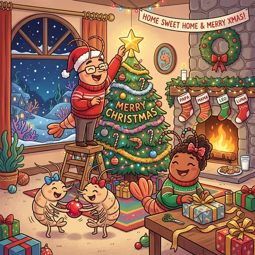 Anthropomorphic Shrimp Family Celebrating Christmas | Festive Cartoon