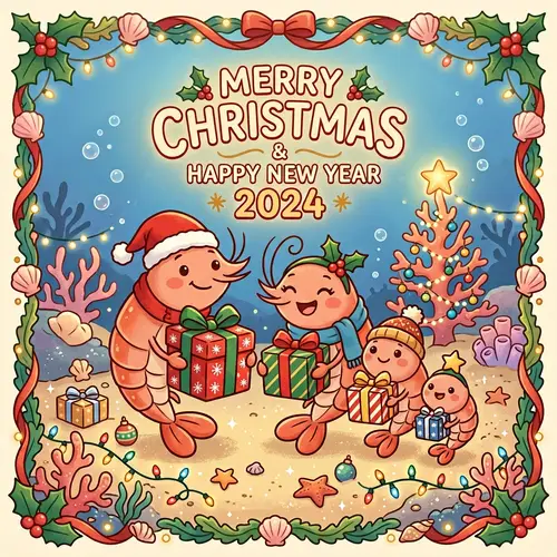 Merry Christmas & Happy New Year 2024 Card with Cute Shrimp Family
