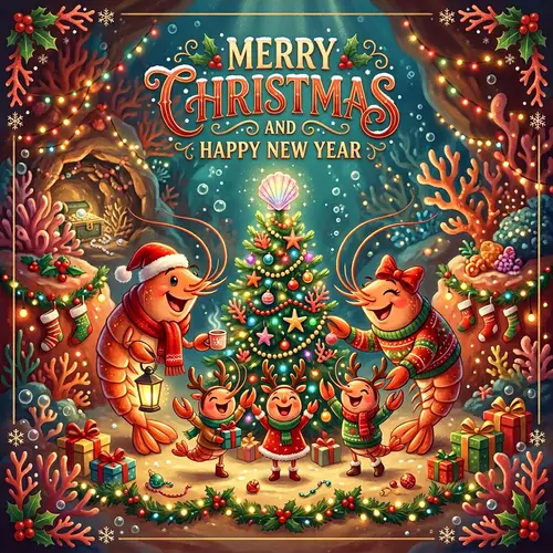 Merry Christmas & Happy New Year Card with Anthropomorphic Shrimp Family