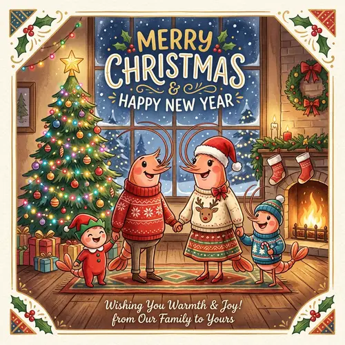 Festive 'Merry Christmas & Happy New Year' Shrimp Family Card