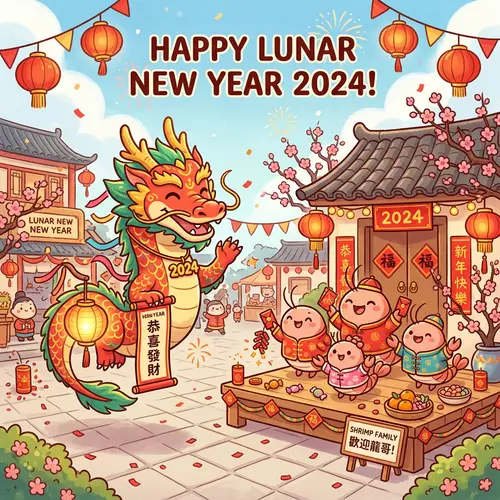 Joyful Lunar New Year 2024 Card Design | Dragon & Shrimp Family