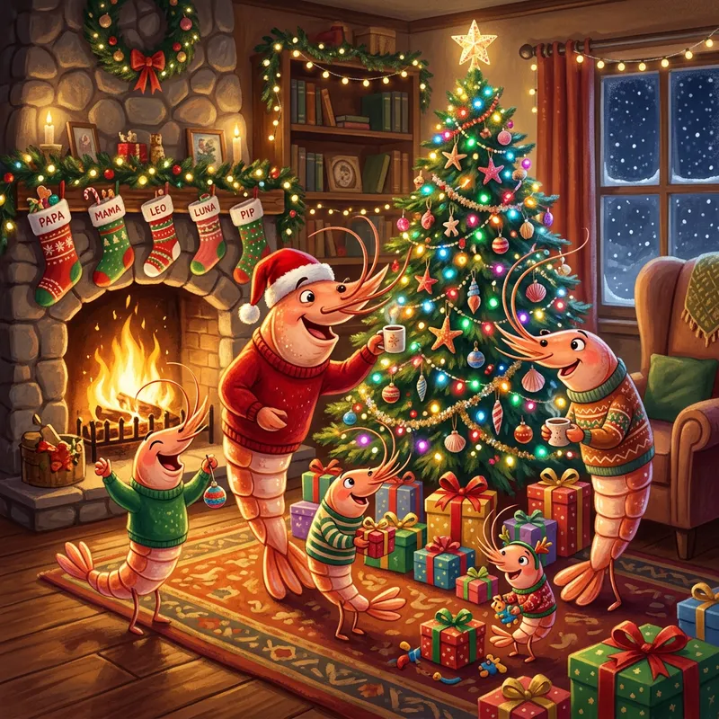 Shrimp Family Celebrates Christmas | Festive Artistic Scene Shrimp Family Celebrates Christmas | Festive Artistic Scene