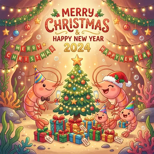 Cute Shrimp Family Christmas & New Year Greeting Card Design