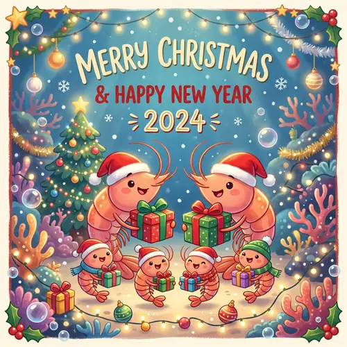 Joyful Shrimp Family Celebrate Christmas with Wrapped Gifts
