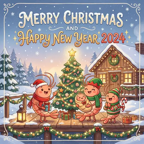 Cute Anthropomorphic Shrimp Family Christmas Greeting Card 2024