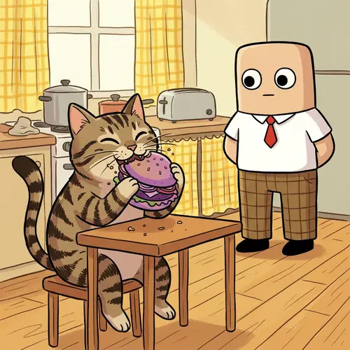Playful Cat Enjoying a Purple Hamburger