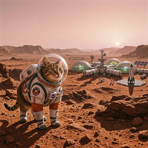Astronaut Cat at Mars: Feline Explorer in a Miniature Space Suit